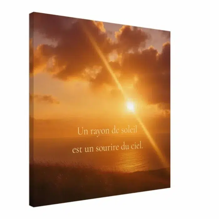 Toile murale citation solaire Un rayon de soleil est un sourire du ciel – impression artistique coucher de soleil doré