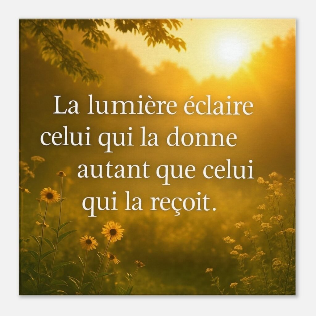 Toile murale citation “La lumière éclaire celui qui la donne autant que celui qui la reçoit” avec paysage doré, fleurs jaunes et lumière du soleil.