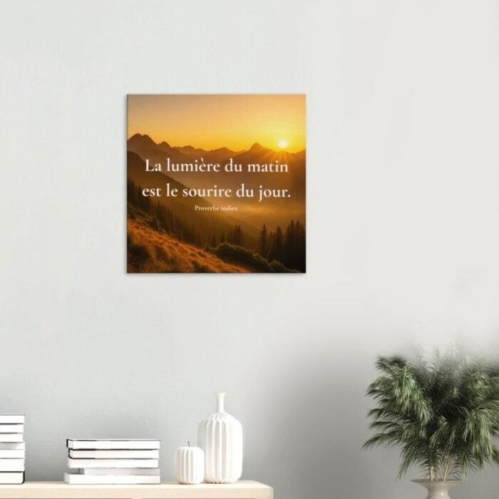 Toile murale La lumière du matin est le sourire du jour accrochée sur mur blanc dans une décoration minimaliste avec paysage de montagne au lever du soleil et ambiance zen