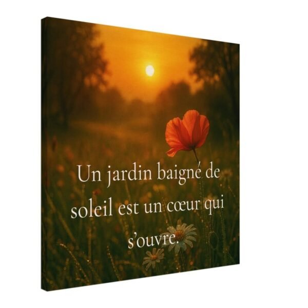 Toile murale jardin fleuri au coucher du soleil avec coquelicot et citation poétique