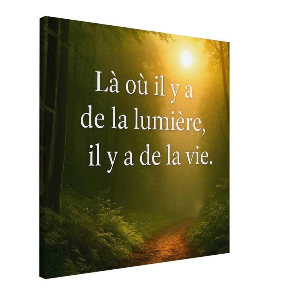 Toile murale Là où il y a de la lumière, il y a de la vie, décor forêt baignée de soleil, tableau inspirant au style nature et lumineux.