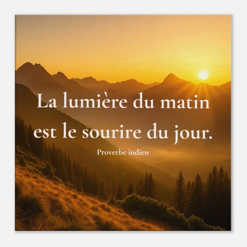 Toile murale La lumière du matin est le sourire du jour avec paysage de montagnes illuminées par le soleil levant, proverbe indien décoration zen"