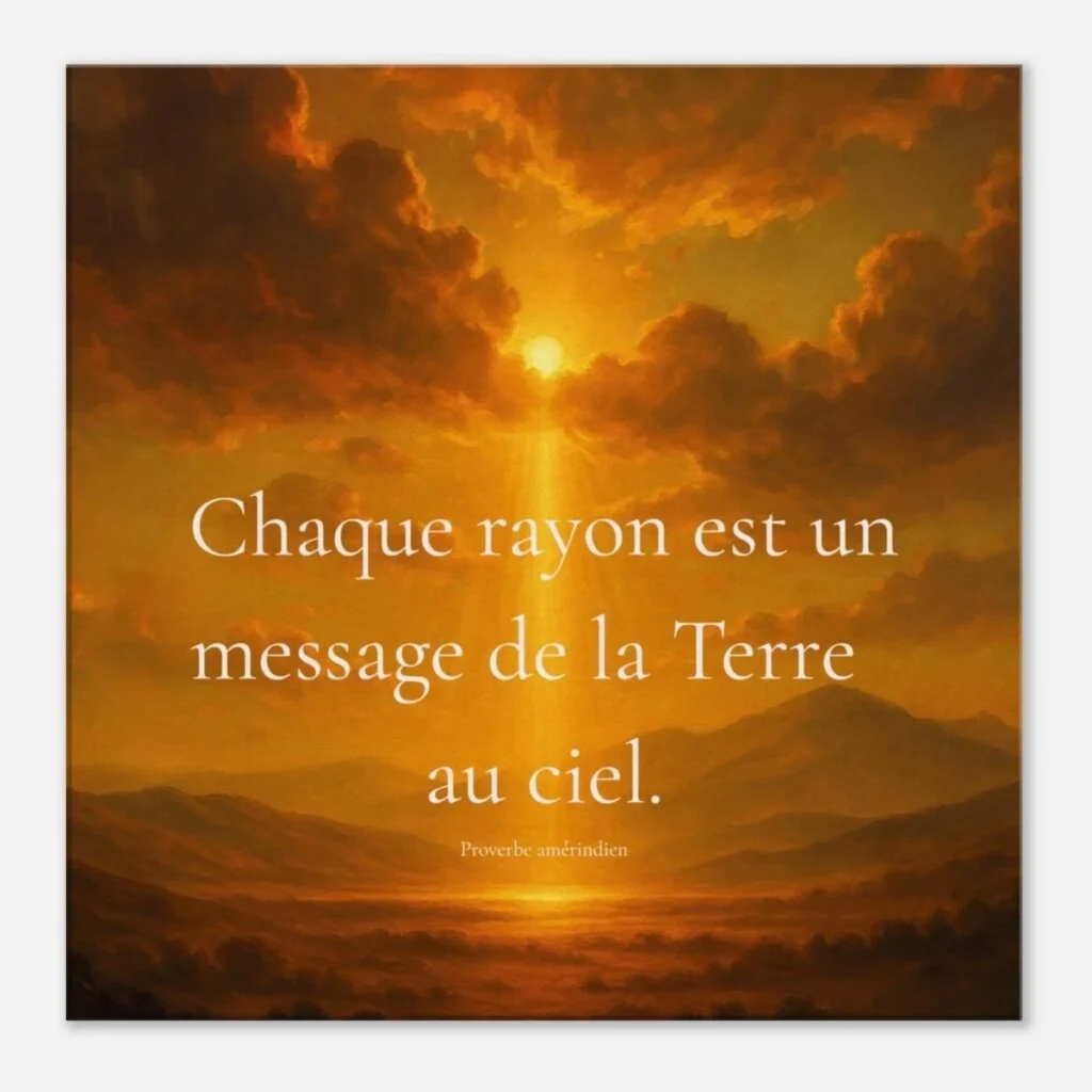 Toile murale Chaque rayon est un message de la Terre au ciel avec paysage céleste doré et citation inspirante amérindienne. Vue en gros plan.