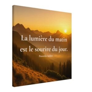 Toile murale inspiration spirituelle La lumière du matin est le sourire du jour à accrocher dans un intérieur, chaleureuse avec paysage de montagne et lever de soleil.