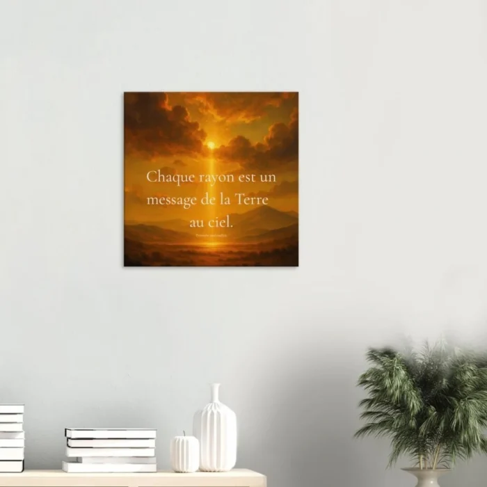Toile murale Chaque rayon est un message de la Terre au ciel avec paysage céleste doré et citation inspirante amérindienne. Dans une pièce avec décoration moderne et minimaliste.