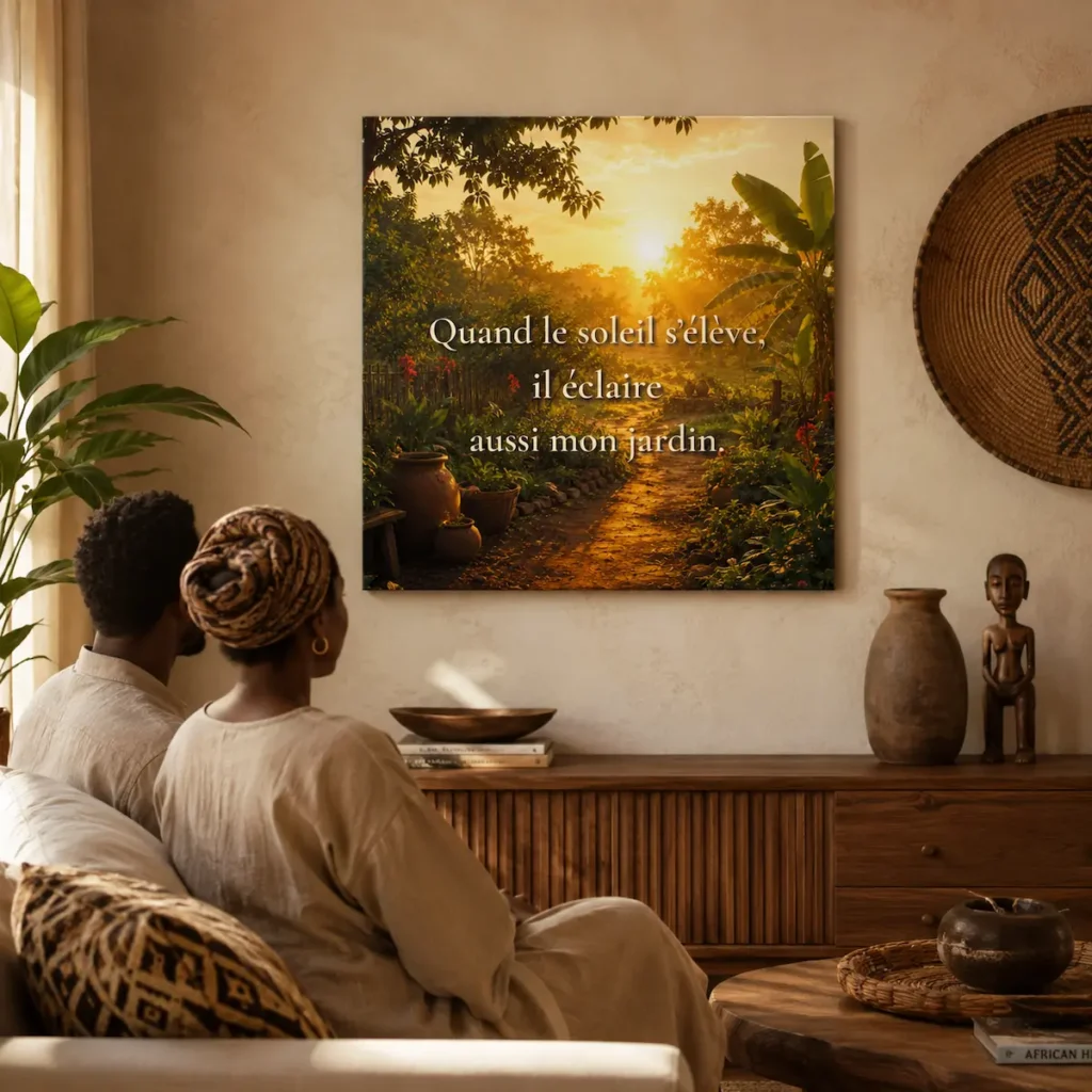 "Couple de dos contemplant une toile murale « Quand le soleil s’élève, il éclaire aussi mon jardin » dans un intérieur apaisant d’inspiration africaine"