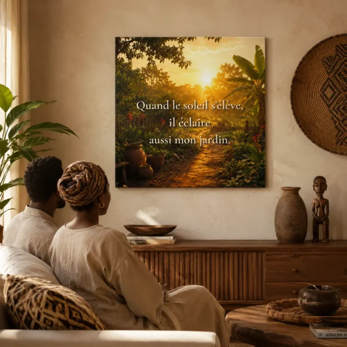 "Couple de dos contemplant une toile murale « Quand le soleil s’élève, il éclaire aussi mon jardin » dans un intérieur apaisant d’inspiration africaine"