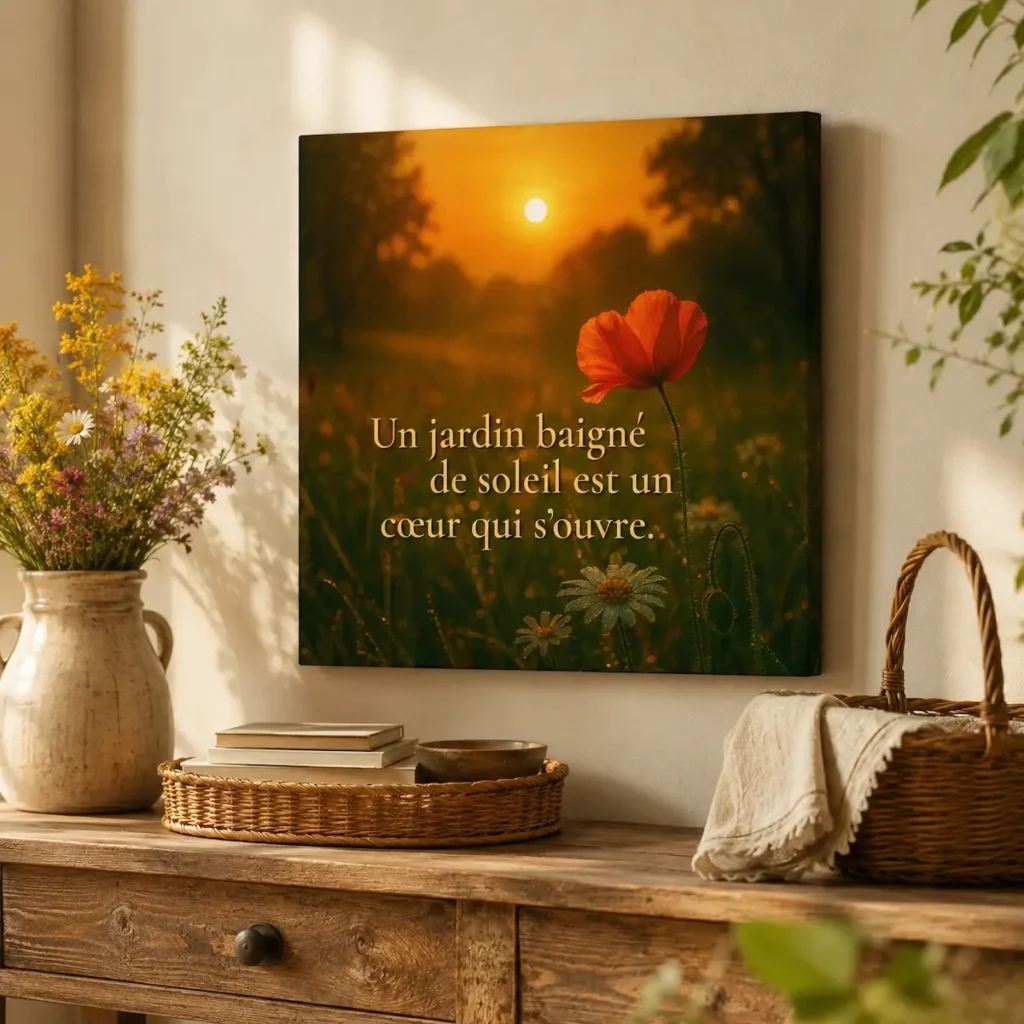 "Toile murale poétique « Un jardin baigné de soleil est un cœur qui s’ouvre » mise en scène dans une décoration bucolique et chaleureuse."
