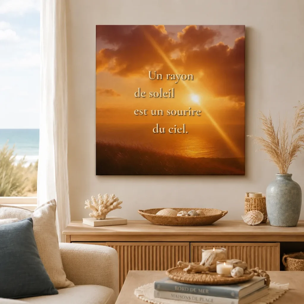 "Toile murale « Un rayon de soleil est un sourire du ciel » mise en scène dans une décoration bord de mer chaleureuse avec coquillages, bois clair et ambiance plage apaisante."