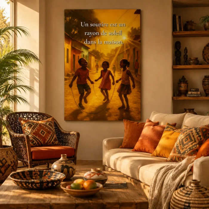 Toile murale proverbe africain “Un sourire est un rayon de soleil dans la maison” dans un salon bohème chaleureux et joyeux