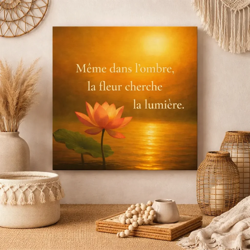 Toile murale avec citation « Même dans l’ombre, la fleur cherche la lumière » dans une décoration bohème aux tons naturels, avec fleur de lotus, vase en herbes séchées, macramé et lanternes en rotin.
