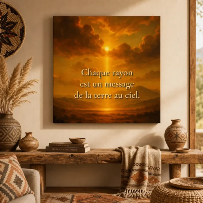 "Toile murale « Chaque rayon est un message de la Terre au ciel » mise en scène dans une déco chaleureuse d’inspiration amérindienne."