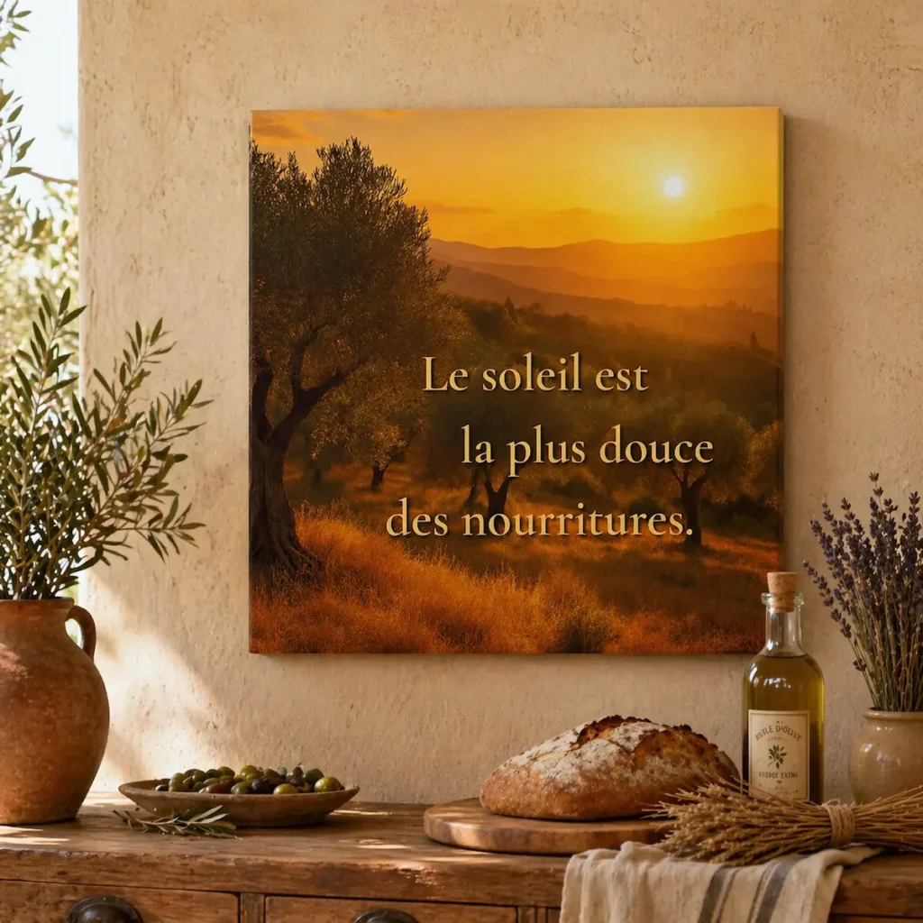 Toile murale avec citation « Le soleil est la plus douce des nourritures » dans une ambiance provençale chaleureuse, avec olives, pain rustique, huile d’olive, lavande et lumière dorée.