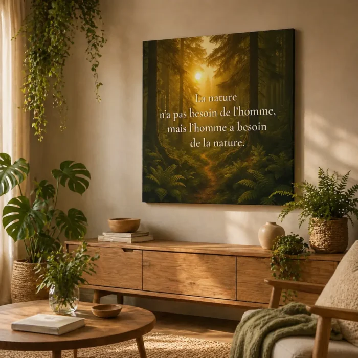 "Toile murale citation « La nature n’a pas besoin de l’homme, mais l’homme a besoin de la nature » mise en scène dans un intérieur organique avec plantes vertes et matières naturelles."