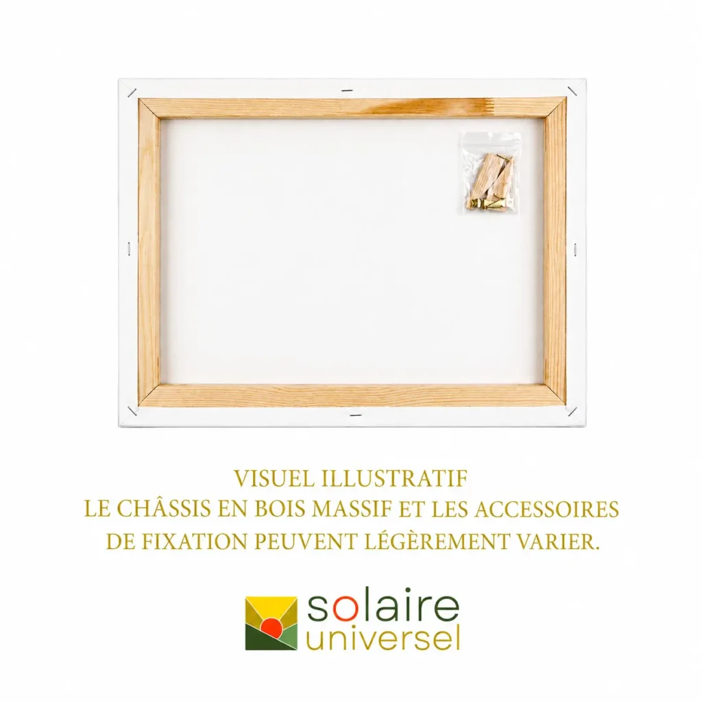 Arrière d’une toile murale avec châssis en bois massif et accessoires de fixation