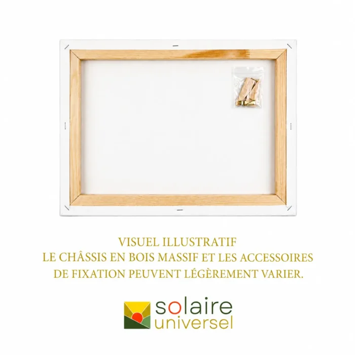 Arrière d’une toile murale avec châssis en bois massif et accessoires de fixation