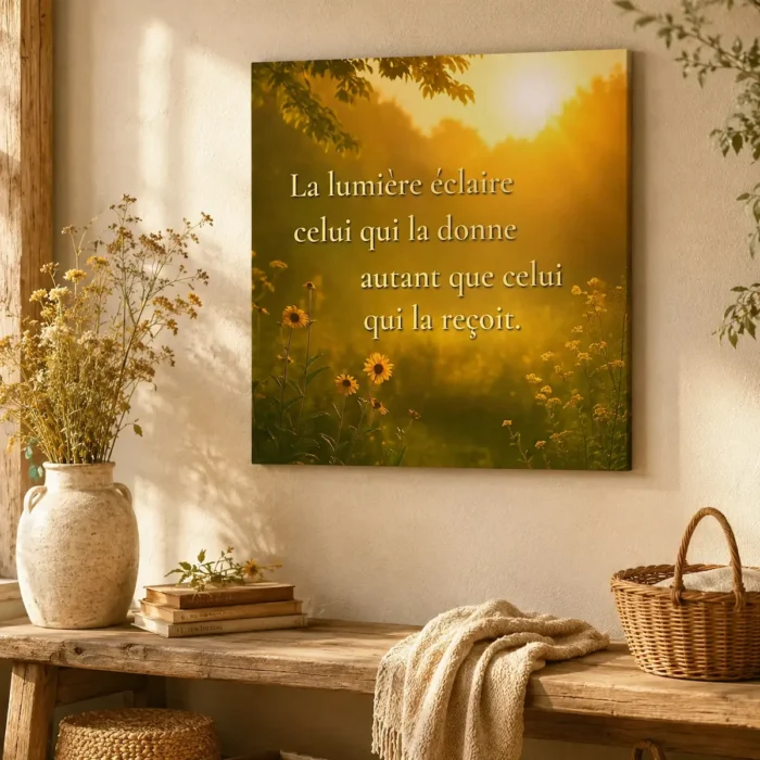 "Toile murale citation positive lumière intérieure décoration naturelle chaleureuse salon ambiance apaisante Solaire Universel"