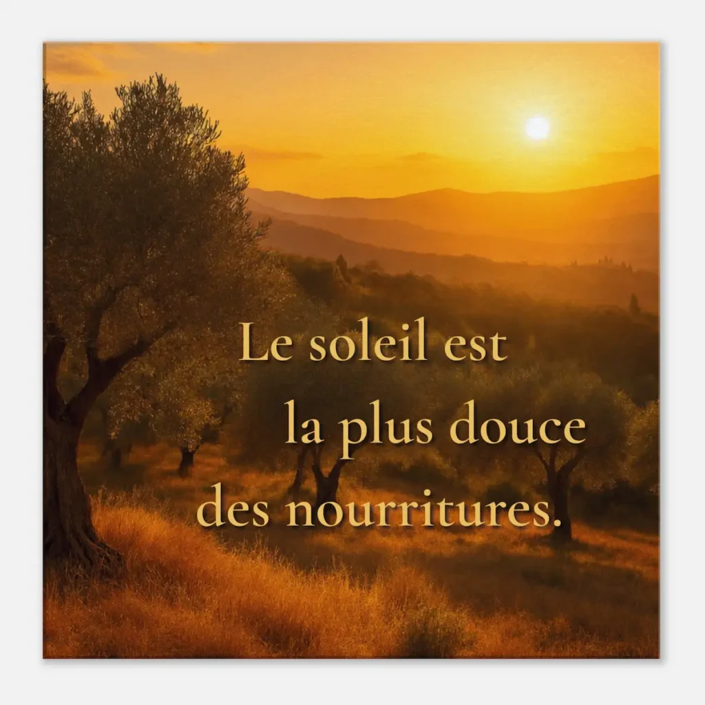 Toile citation lumineuse Le soleil est la plus douce des nourritures vue de face avec oliviers et lumière dorée