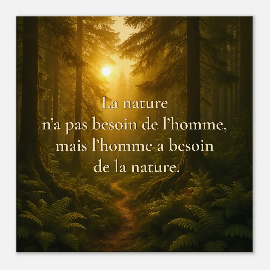 "Toile murale La nature n’a pas besoin de l’homme, mais l’homme a besoin de la nature vue de face avec forêt lumineuse et sentier au cœur des arbres"