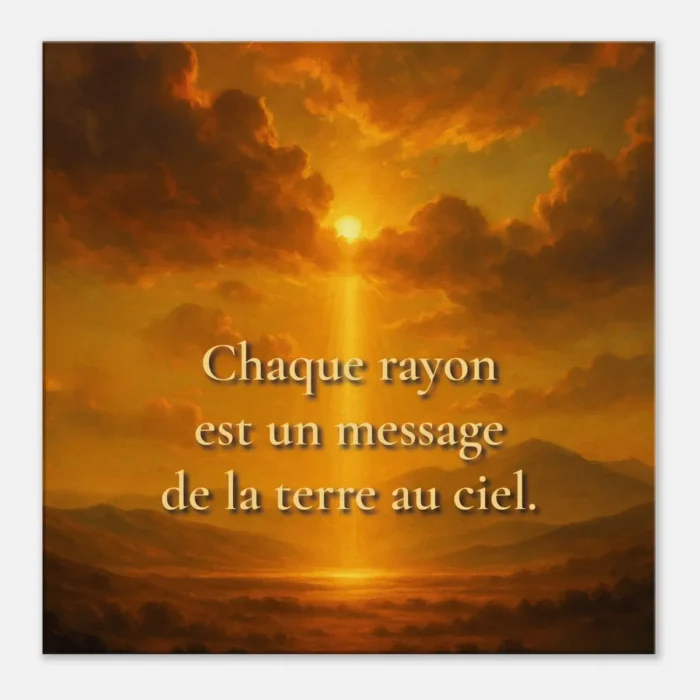"Affiche murale paysage chaleureux baigné de lumière dorée, rayon solaire descendant du ciel vers la terre avec la phrase ‘Chaque rayon est un message de la Terre au ciel’, atmosphère calme, spirituelle et réconfortante"