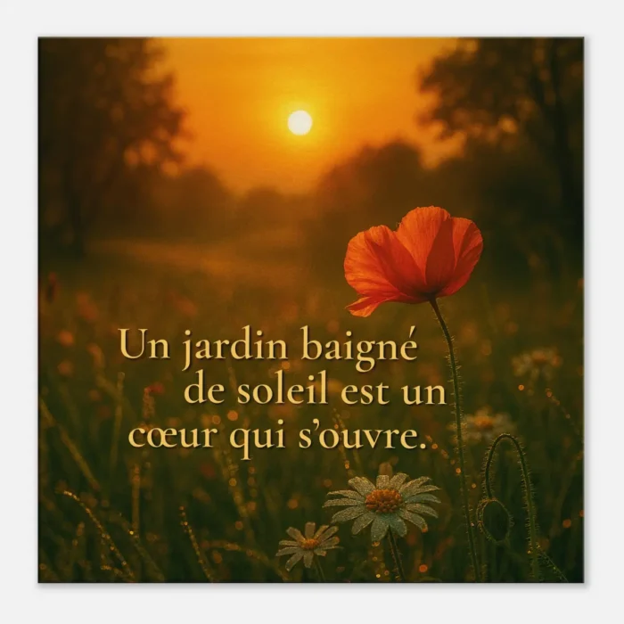 "Affiche décorative champ fleuri coucher de soleil citation inspirante cœur et lumière décoration murale chaleureuse"