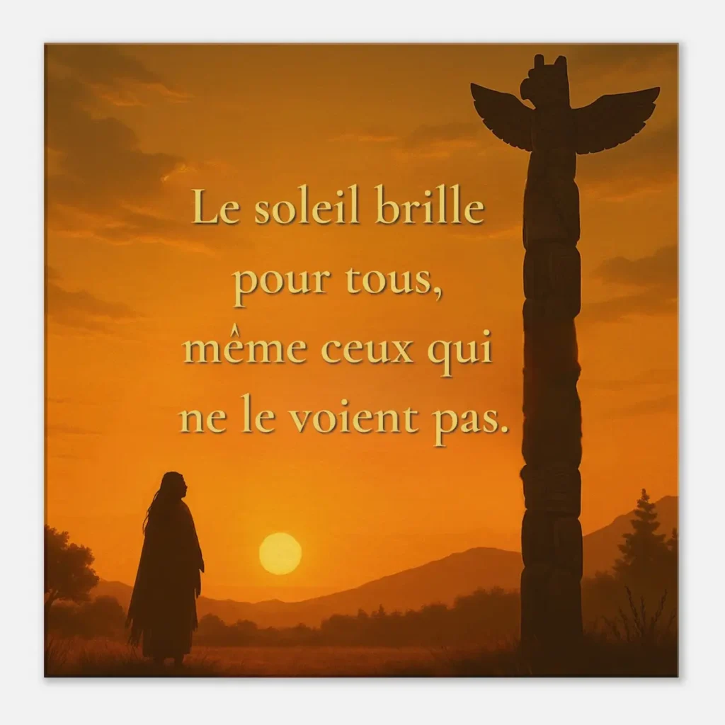 "Affiche citation proverbe amérindien coucher de soleil silhouette totem – Le soleil brille pour tous – décoration murale lumineuse et apaisante"