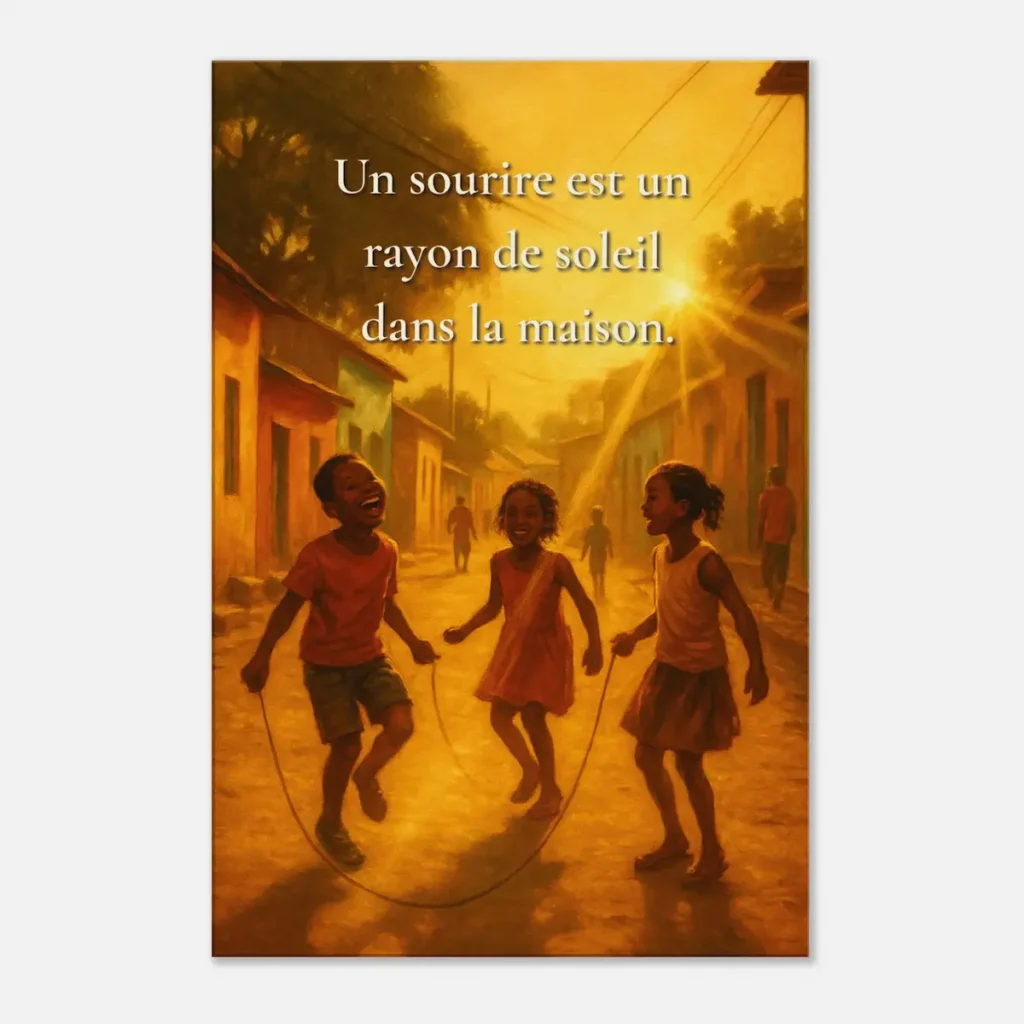 "Tableau mural lumineux avec scène de joie d’enfants au coucher de soleil — citation inspirante « Un sourire est un rayon de soleil dans la maison » — décoration chaleureuse | Solaire Universel"