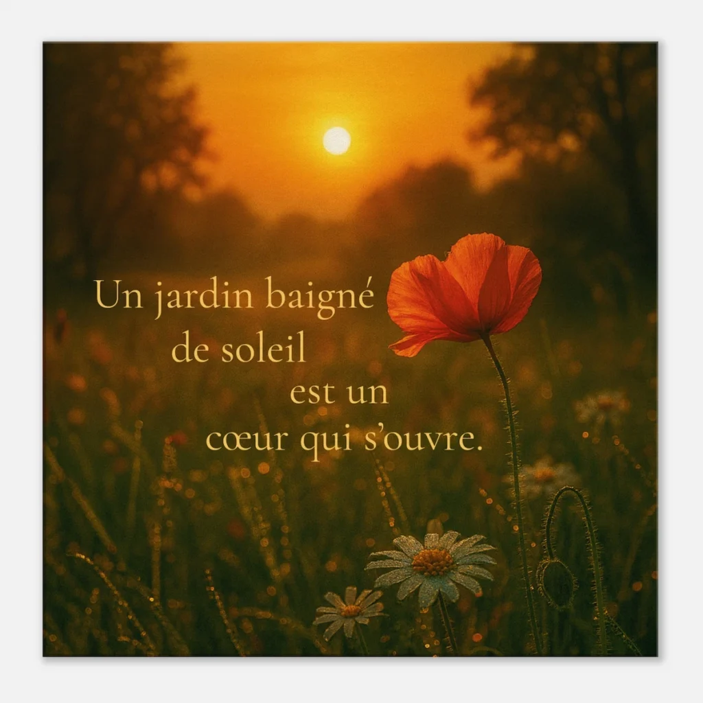 Toile murale en gros plan : jardin fleuri au coucher du soleil avec coquelicot et citation poétique
