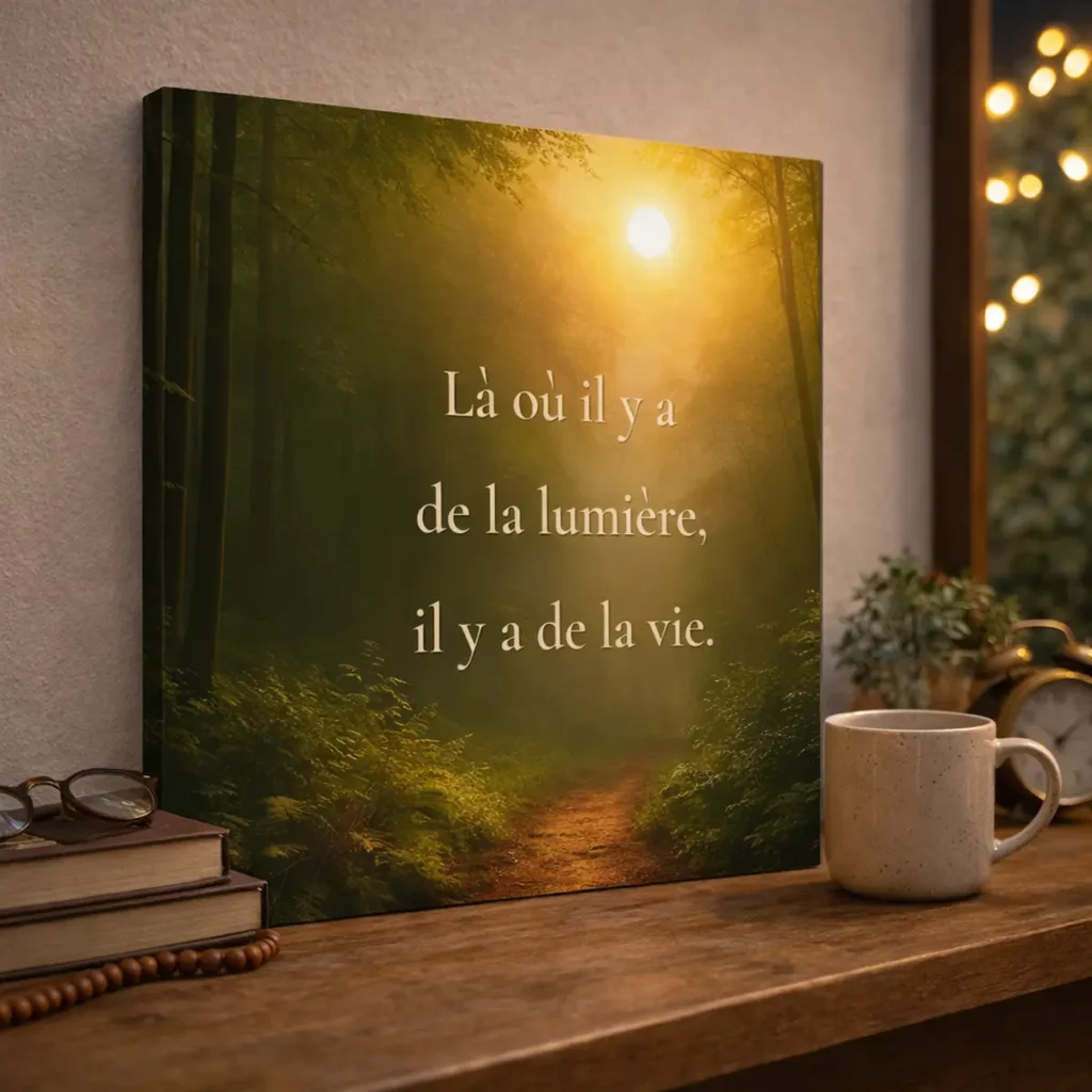 Mise en scène de la toile murale Là où il y a de la lumière, il y a de la vie dans une chambre bohème chaleureuse