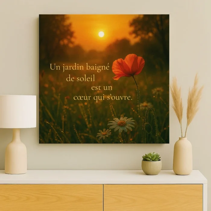 Déco murale dans un salon: jardin fleuri au coucher du soleil avec coquelicot et citation poétique