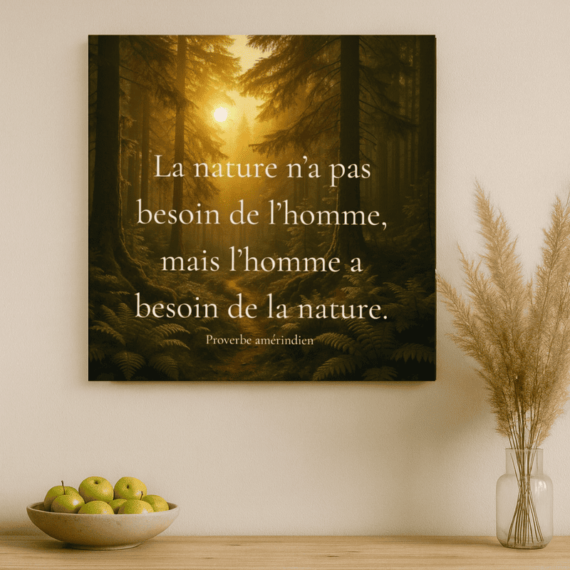 Toile murale citation amérindienne La nature n’a pas besoin de l’homme, mais l’homme a besoin de la nature, décor zen avec forêt dorée et ambiance chaleureuse dans un intérieur apaisant