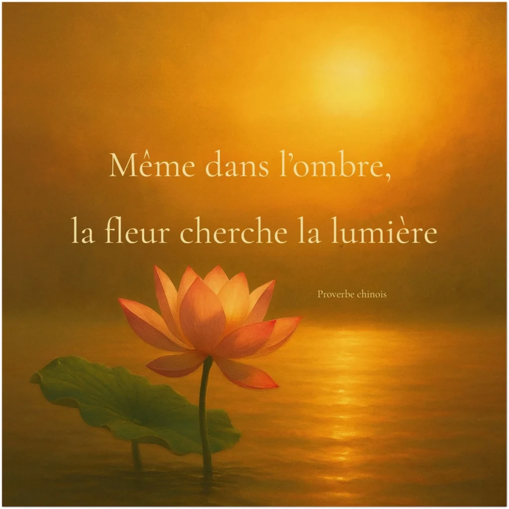 Toile inspirante, proverbe chinois « Même dans l’ombre la fleur cherche la lumière » lotus doré sur eau au coucher du soleil