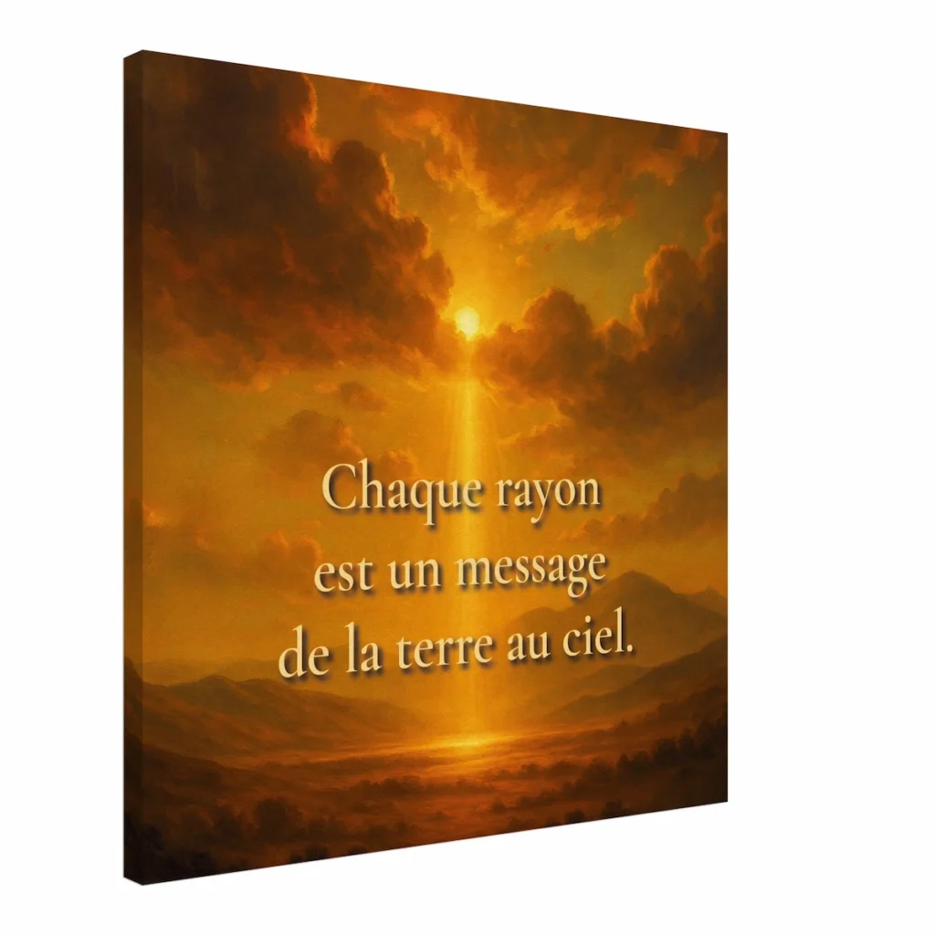 "toile-rayon-1.jpg" alt="Toile murale lumineuse avec un rayon de soleil perçant les nuages au-dessus d’un paysage montagneux, ambiance dorée et apaisante avec la citation ‘Chaque rayon est un message de la Terre au ciel’ inspirée d’un proverbe amérindien"