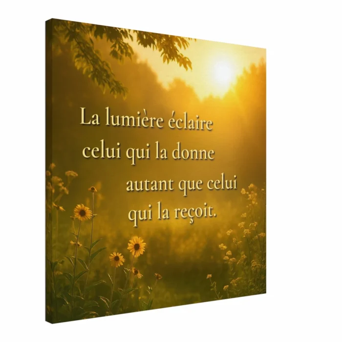 Toile murale avec citation « La lumière éclaire celui qui la donne autant que celui qui la reçoit » sur paysage lumineux doré et fleurs sauvages — décoration murale apaisante et inspirante