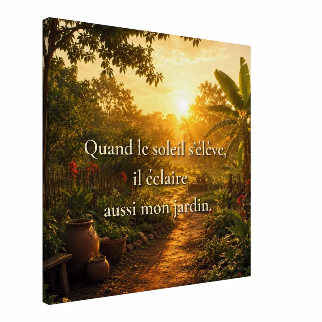 Toile murale paysage lumineux avec citation « Quand le soleil s’élève, il éclaire aussi mon jardin » — décoration murale nature apaisante et chaleureuse