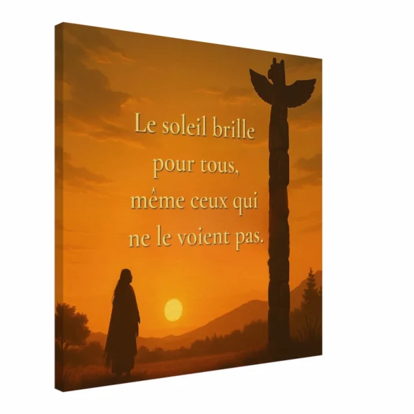 "Toile murale citation inspirante soleil couchant – Le soleil brille pour tous même ceux qui ne le voient pas – décoration chaleureuse et spirituelle"