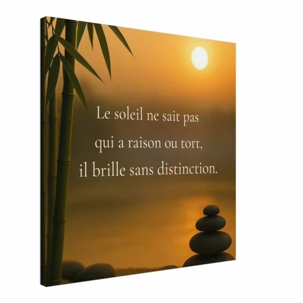 Toile murale zen coucher de soleil avec bambou et galets – citation le soleil ne sait pas qui a raison ou tort – décoration murale apaisante