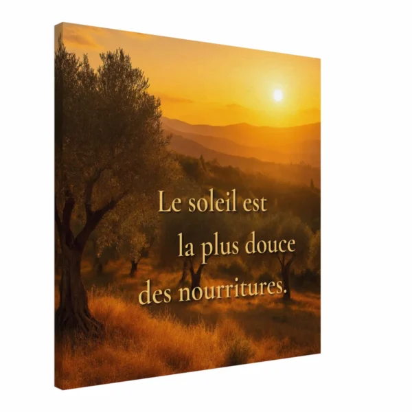 Toile citation lumineuse Le soleil est la plus douce des nourritures vue en angle avec paysage provençal et lumière dorée
