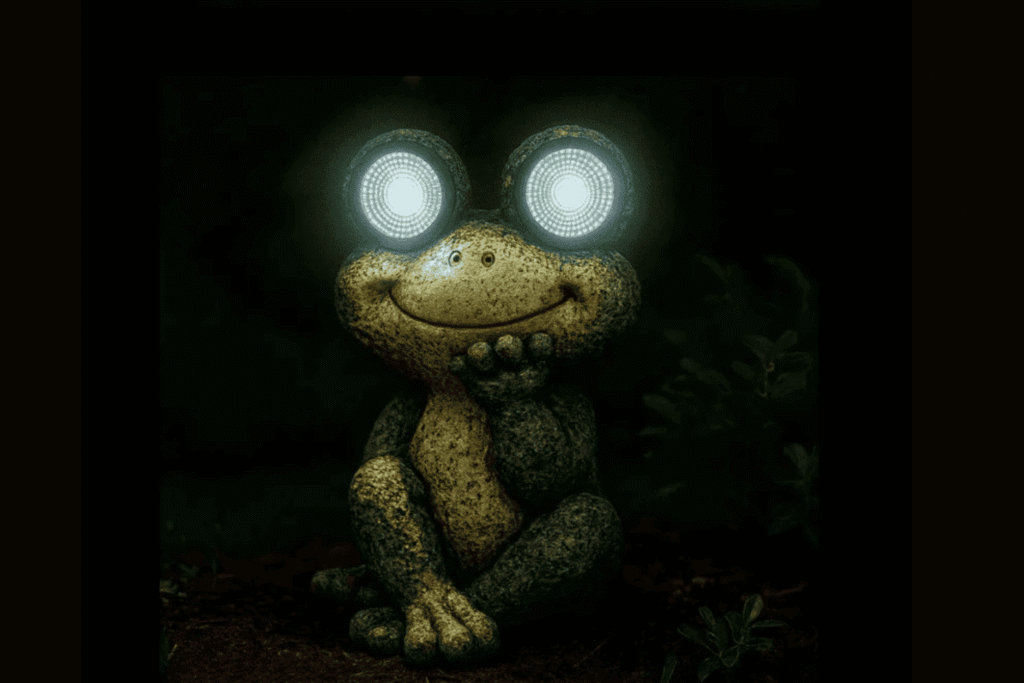 Figurine solaire grenouille lumineuse dans un jardin de nuit, lumière chaude et apaisante sur fond de verdure.