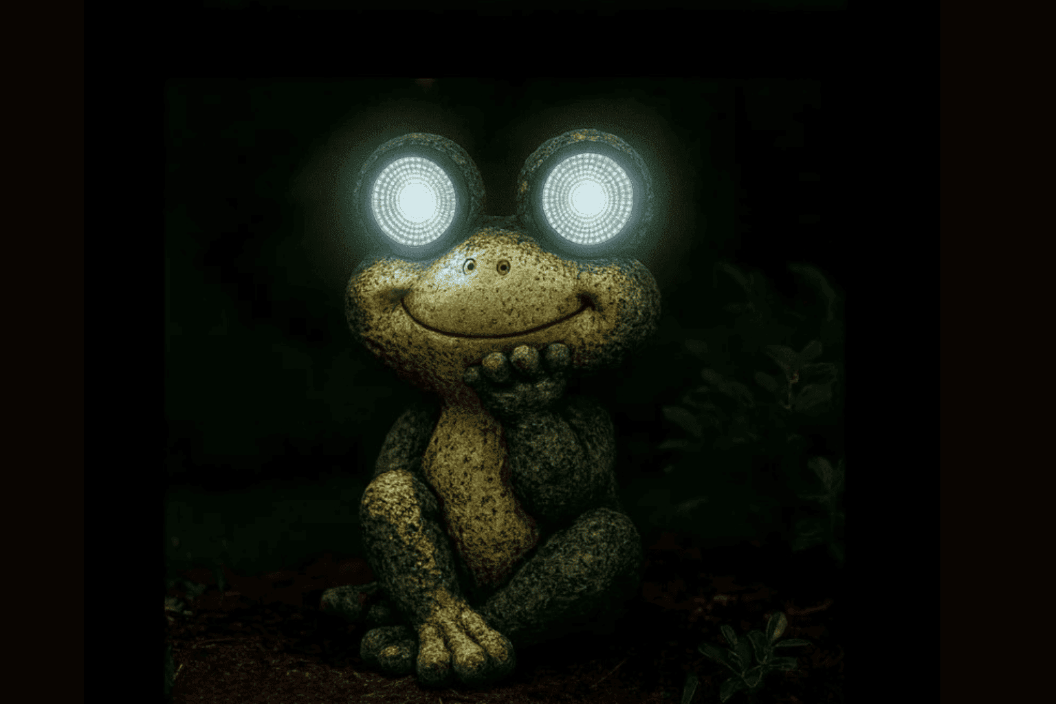 Figurine solaire grenouille lumineuse dans un jardin de nuit, lumière chaude et apaisante sur fond de verdure.