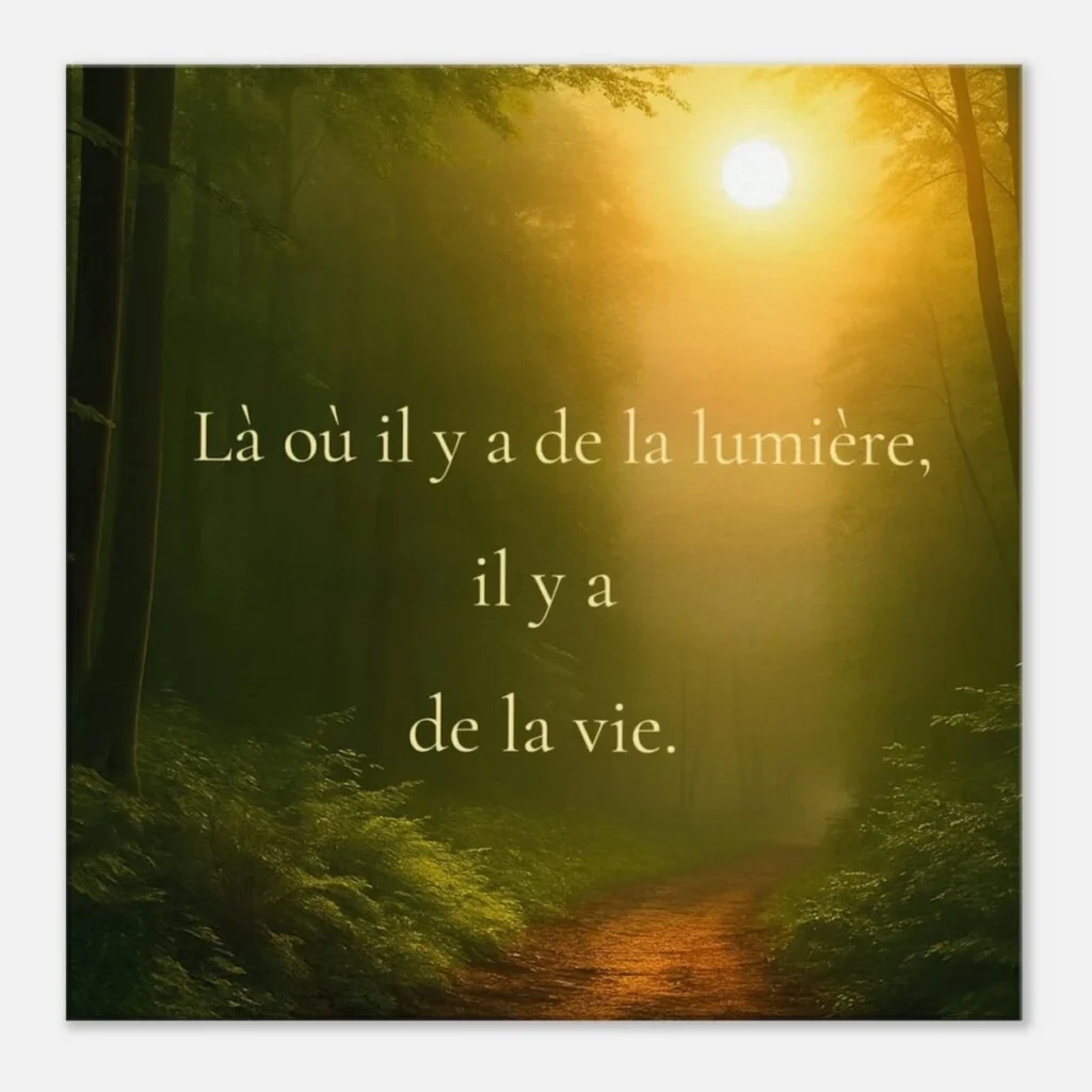 Tableau mural forêt verte traversée par la lumière du soleil avec citation spirituelle sur la vie – Solaire Universel