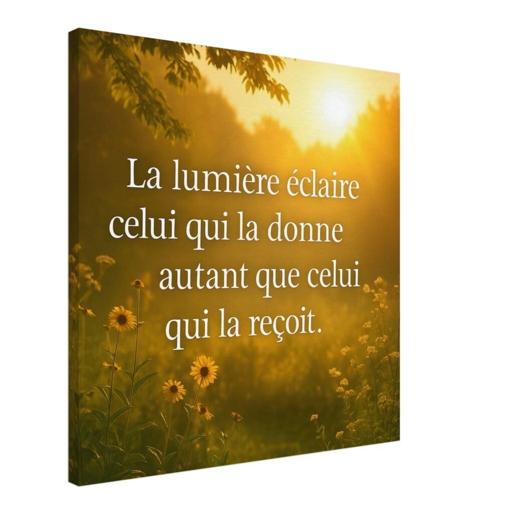 Toile murale “La lumière éclaire celui qui la donne autant que celui qui la reçoit” avec paysage doré, fleurs jaunes et lumière du soleil.