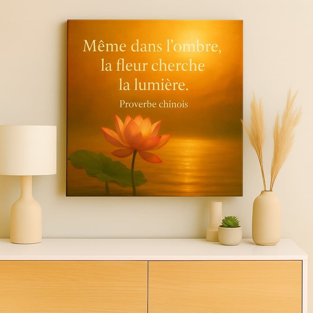 Toile murale avec lotus et lumière dorée accrochée dans un intérieur zen et épuré