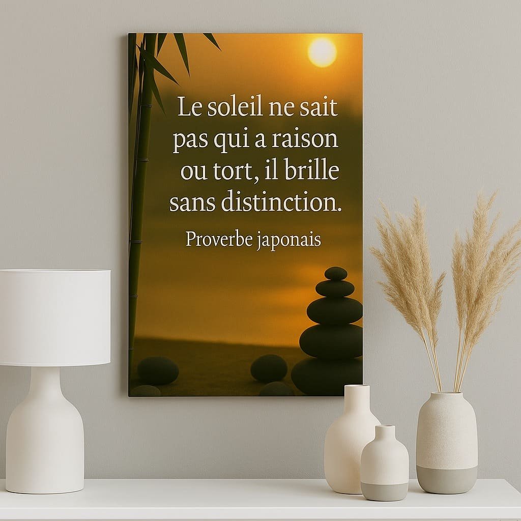Décoration murale zen avec proverbe japonais dans un intérieur moderne et apaisant.