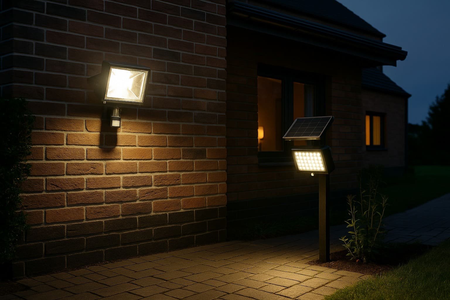 Projecteur solaire LED éclairant une allée de maison au crépuscule, comparé à un ancien projecteur halogène.