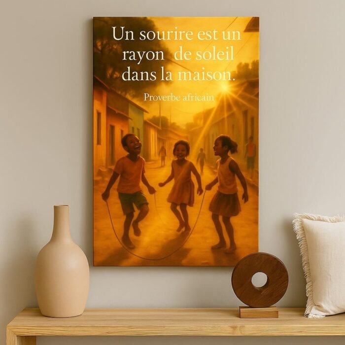 Décoration murale zen avec proverbe africain dans un intérieur moderne et lumineux.