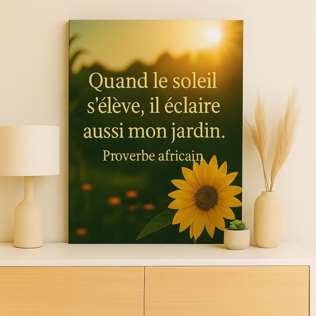 Toile murale avec citation 'Quand le soleil s’élève, il éclaire aussi mon jardin' exposée dans une décoration chaleureuse, avec lampe, vase et tournesol.