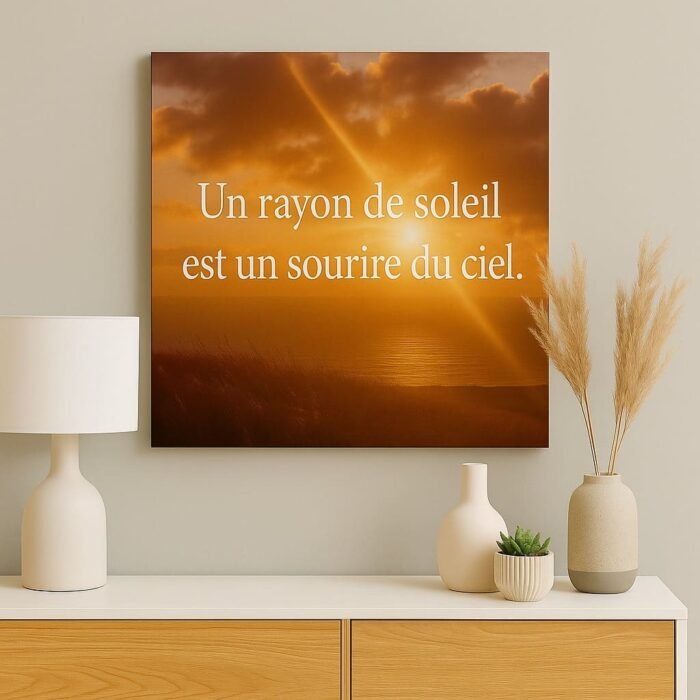 Tableau mural “Un rayon de soleil est un sourire du ciel” exposé dans une décoration moderne et naturelle avec lampe blanche, vases en céramique et herbes séchées.