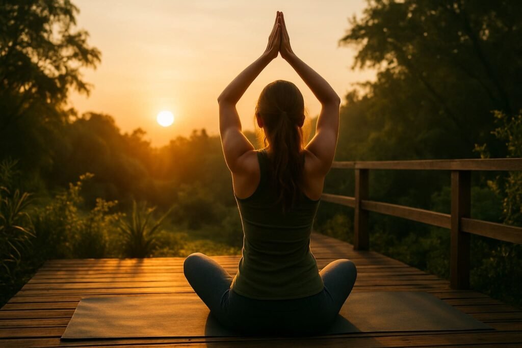 Femme de dos en posture de yoga au lever du soleil sur une terrasse en bois, ambiance nature et lumière matinale
