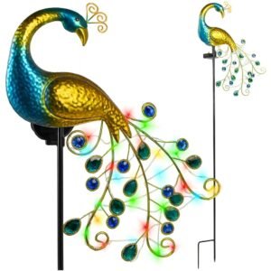 Paon décoratif solaire avec LED multicolore, sculpture métallique de jardin sur piquet